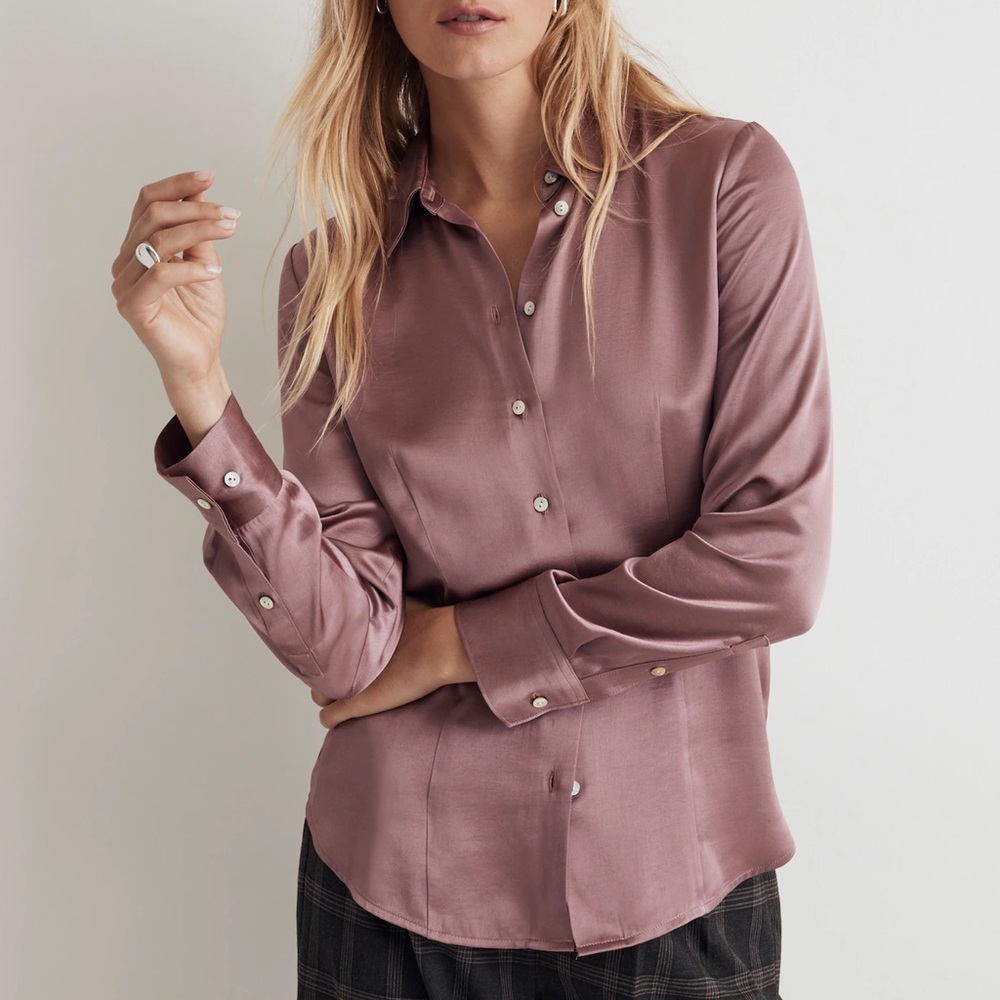 Madewell Darted Button-Up Shirt in Satin Woodrose Pink Size 8